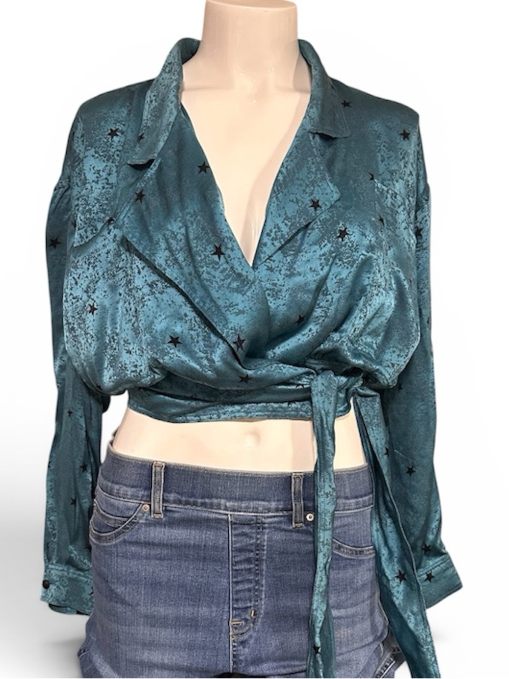 Vintage Emanuel Ungaro Teal Star-Print Satin Wrap Blouse